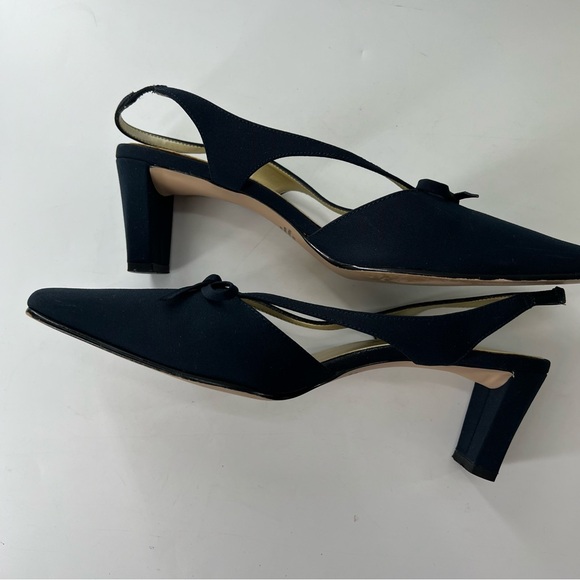 Y2K Madeline Bow Square Toe Sling Back Heels 8.5 navy Fabric Chunky Heel - Picture 10 of 15